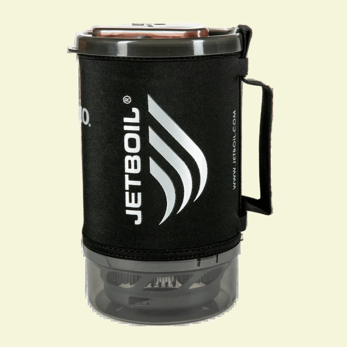Black Jetboil coffee maker with handle on a white background
