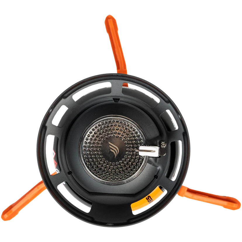 Black camping stove with orange legs on a white background