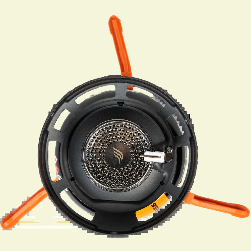 Black camping stove with orange legs on a white background