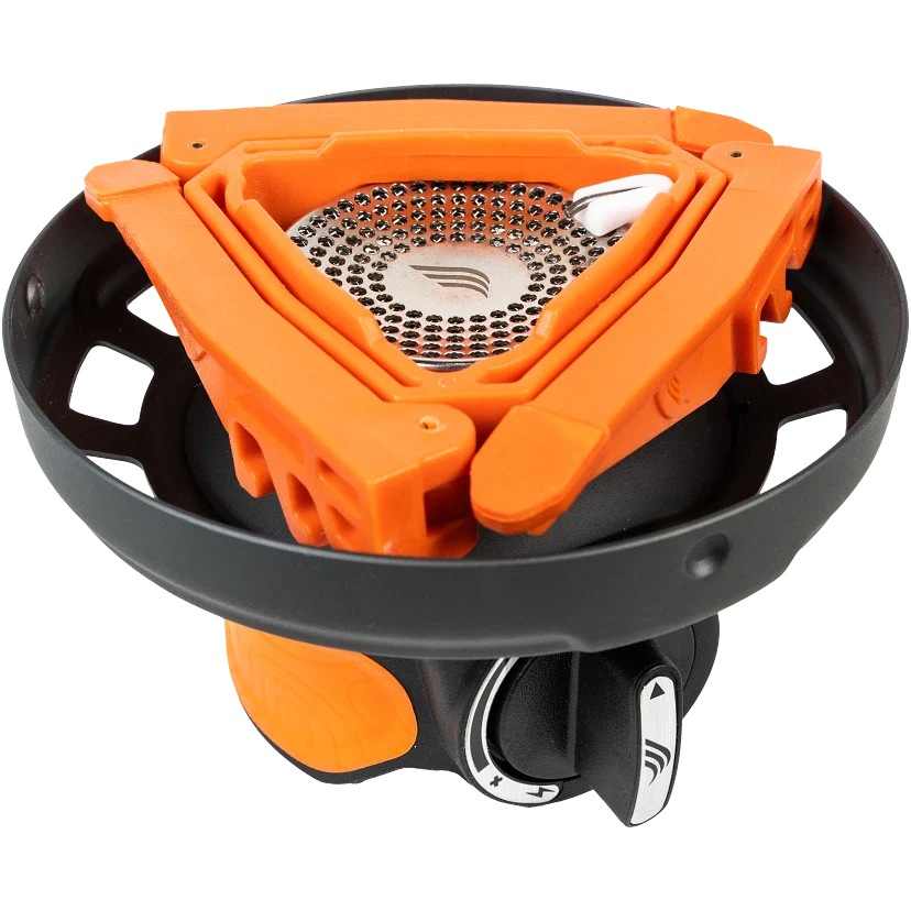 Orange and black camping stove on a white background