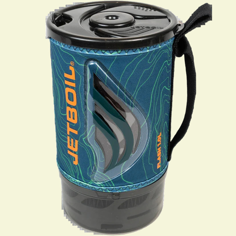 Blue Jetboil mug with black handle on a white background