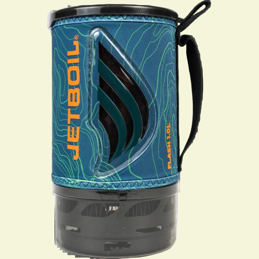 Blue camping stove with black handle and visible Jetboil branding on a white background