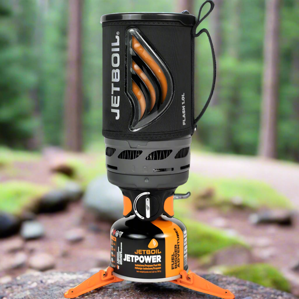 Jetboil camping stove with fuel canister on a white background