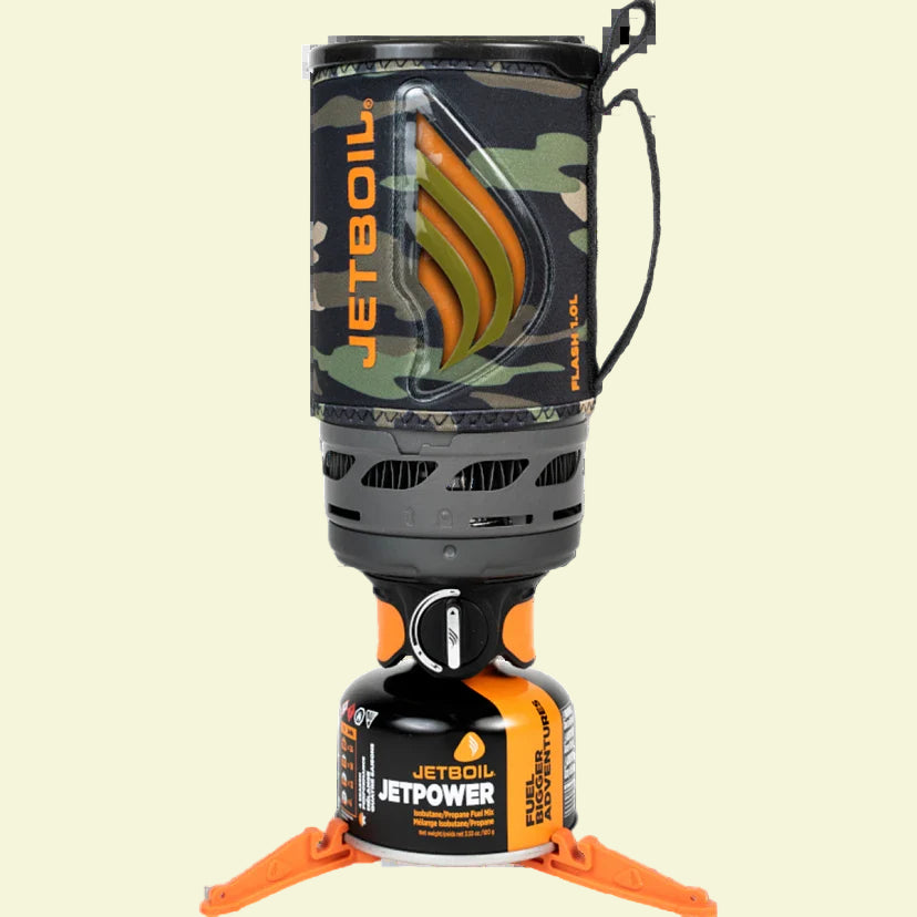 Camouflage Jetboil stove system with a fuel canister on a white background