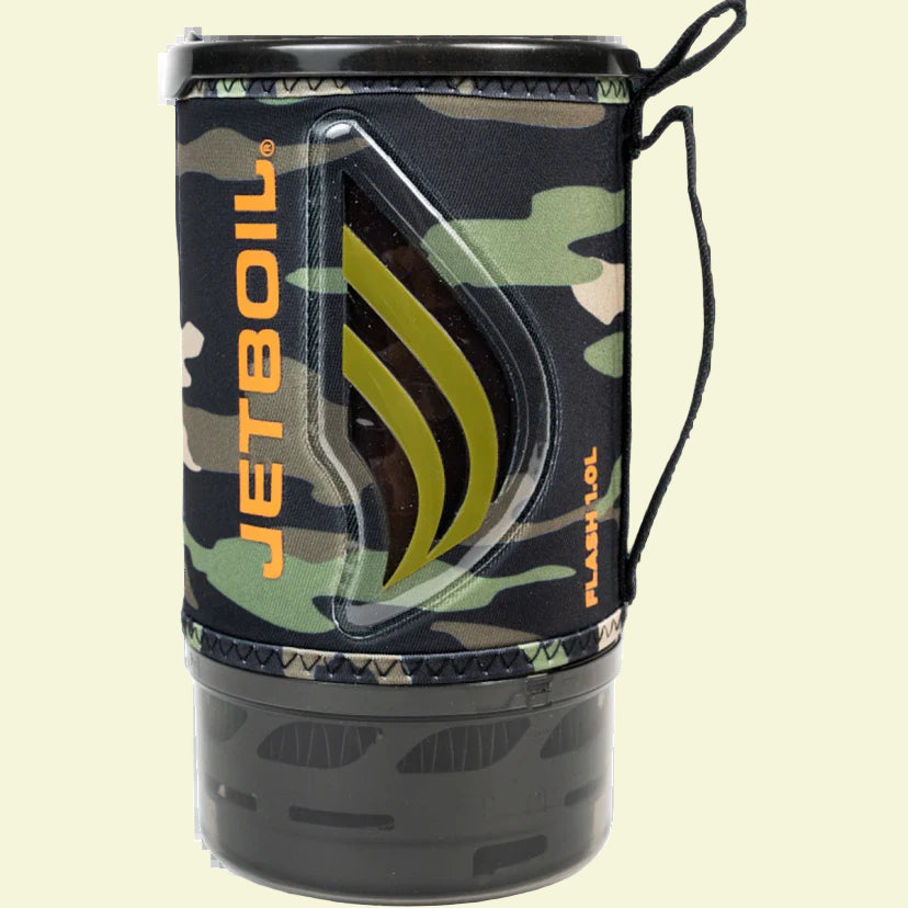 Camouflage Jetboil cooking system on a white background