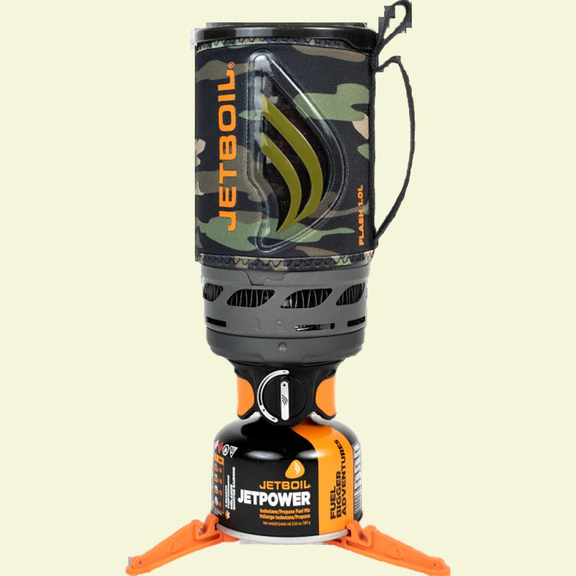 Camouflage Jetboil stove system with a fuel canister on a white background