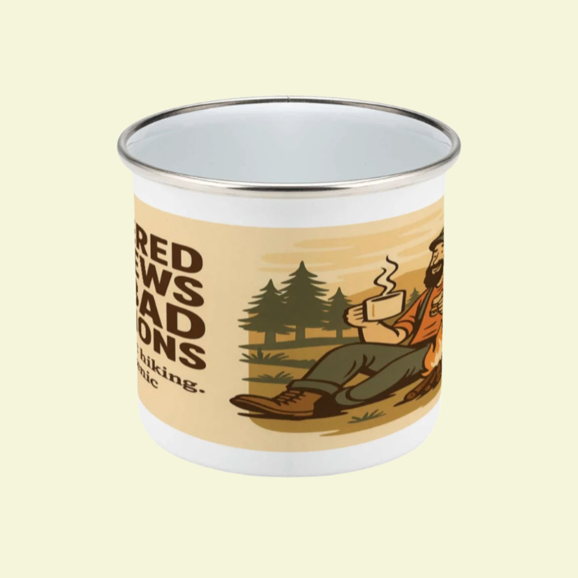 Enamel mug for men who live on brews and bad ideas - Powered by Brews and Bad Decisions
