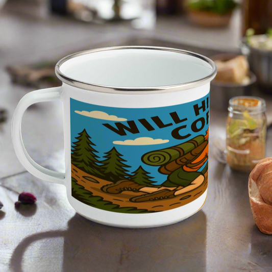 Funny Will Hike for Coffee enamel mug for women - hiking gift