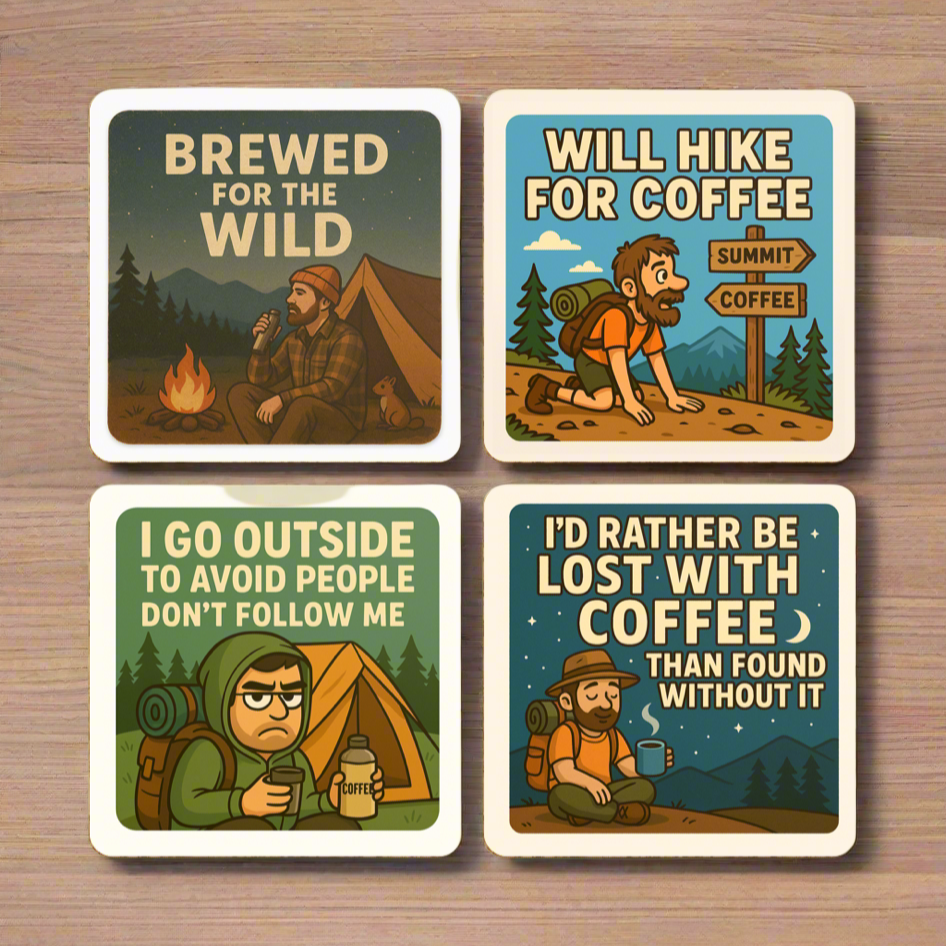 Novelty coaster set for guys who hike and drink coffee - brew-inspired