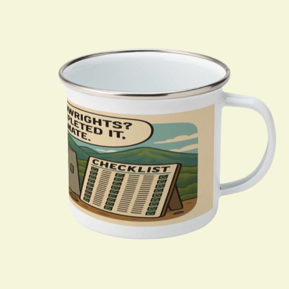 Humorous Lake District enamel mug for men who love Wainwrights - The Obese Hiker