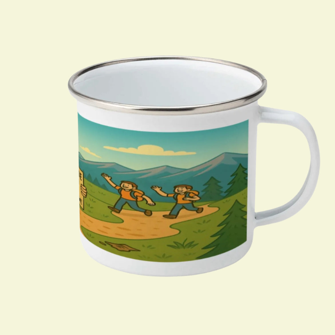 Funny hiking enamel mug for female walkers - I Go Outside to Avoid People