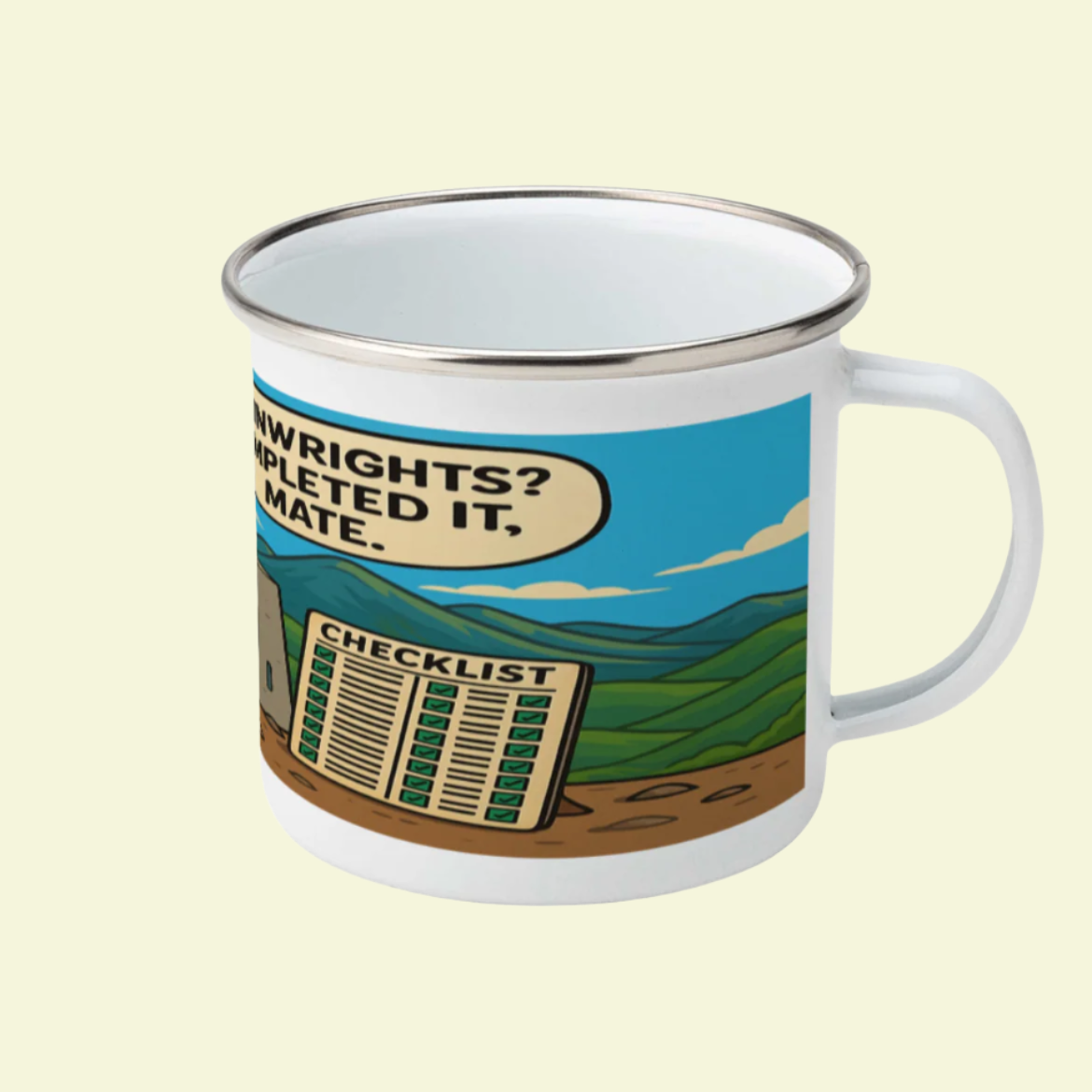 Wainwrights Completed It Mate coffee mug for outdoorsy women - Lake District enamel style