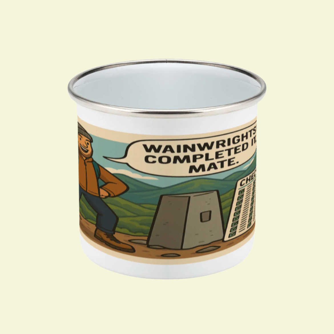 Outdoor Lake District enamel mug for him - Wainwrights Completed It Mate slogan
