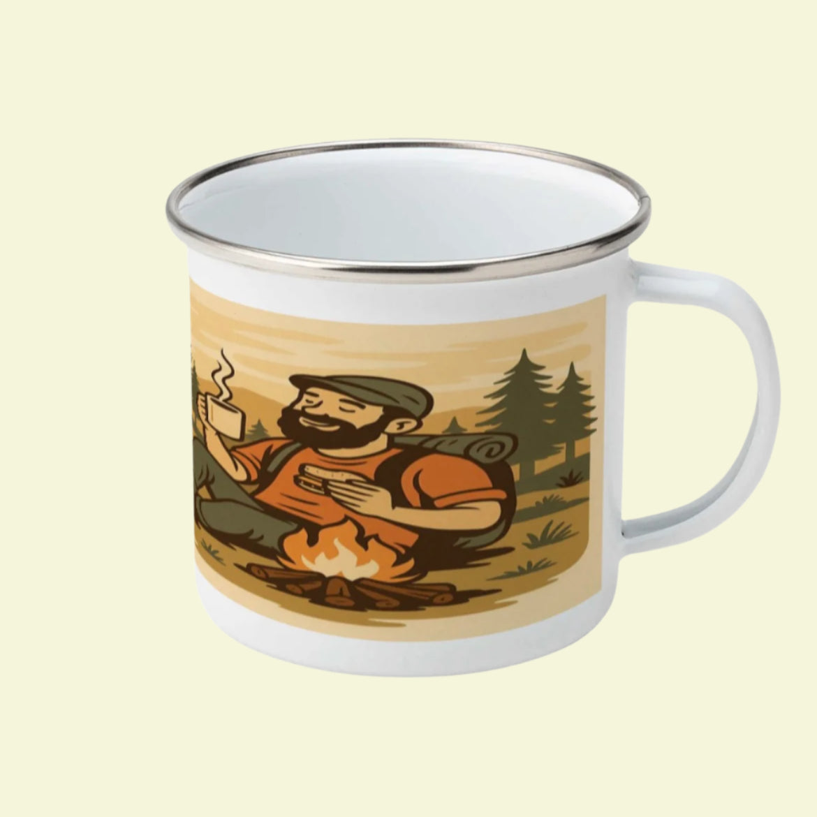 Funny hiking enamel mug for male walkers - Powered by Brews and Bad Decisions