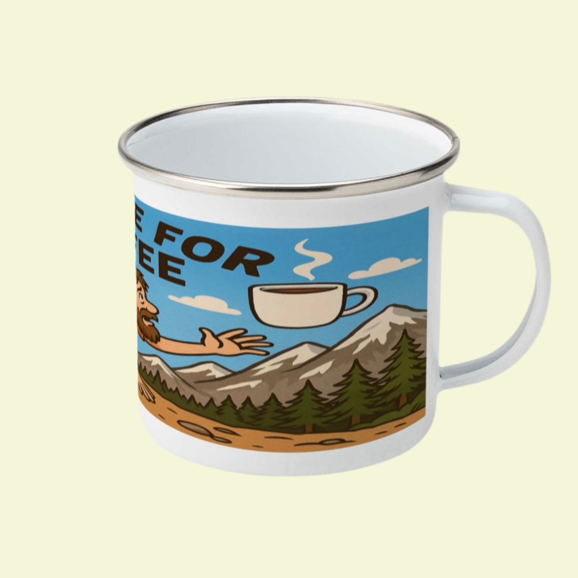 Will Hike for Coffee coffee mug for outdoorsy men - enamel style
