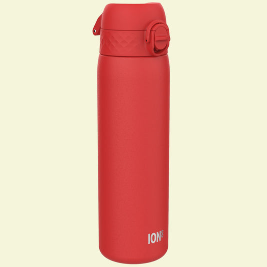 Red water bottle with a textured cap on a white background