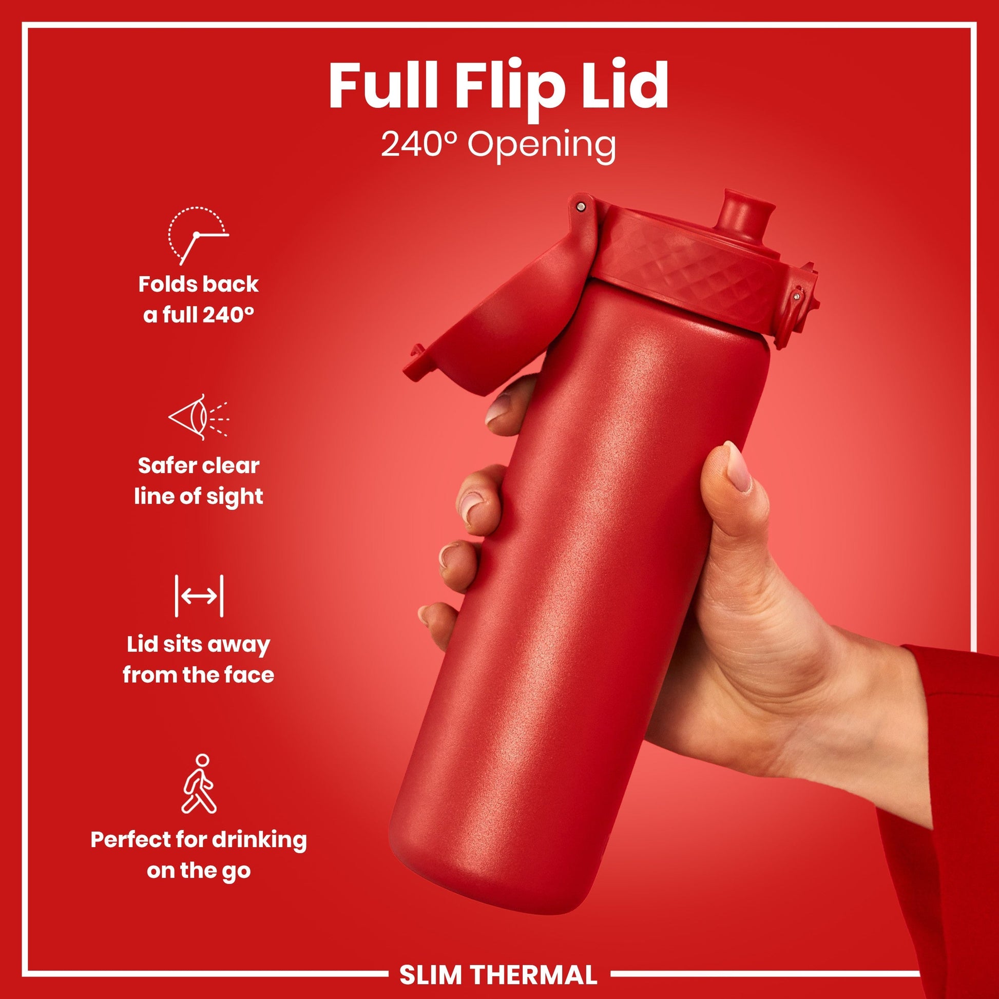 Red water bottle with full flip lid on a red background