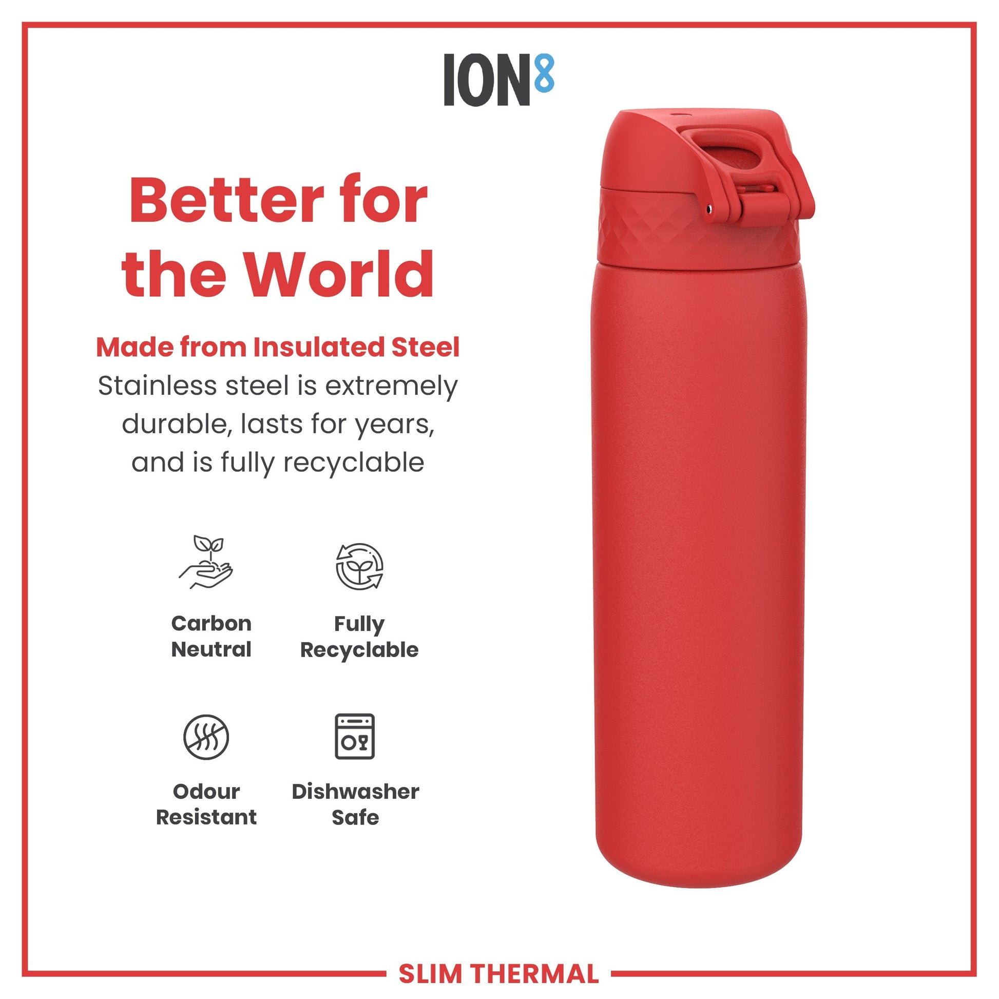 Red insulated steel water bottle with ION8 branding and sustainability features on a white background.