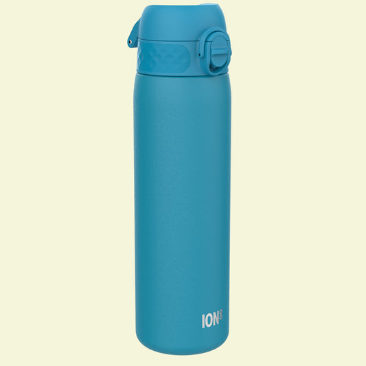Blue water bottle with 'ION' branding on a white background