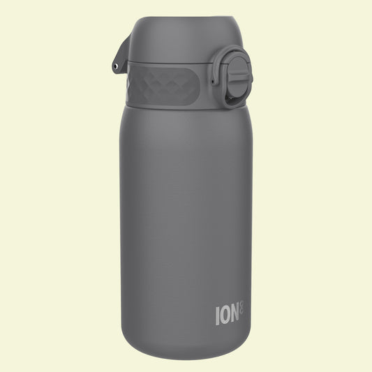 Gray water bottle with 'ION' branding on a white background