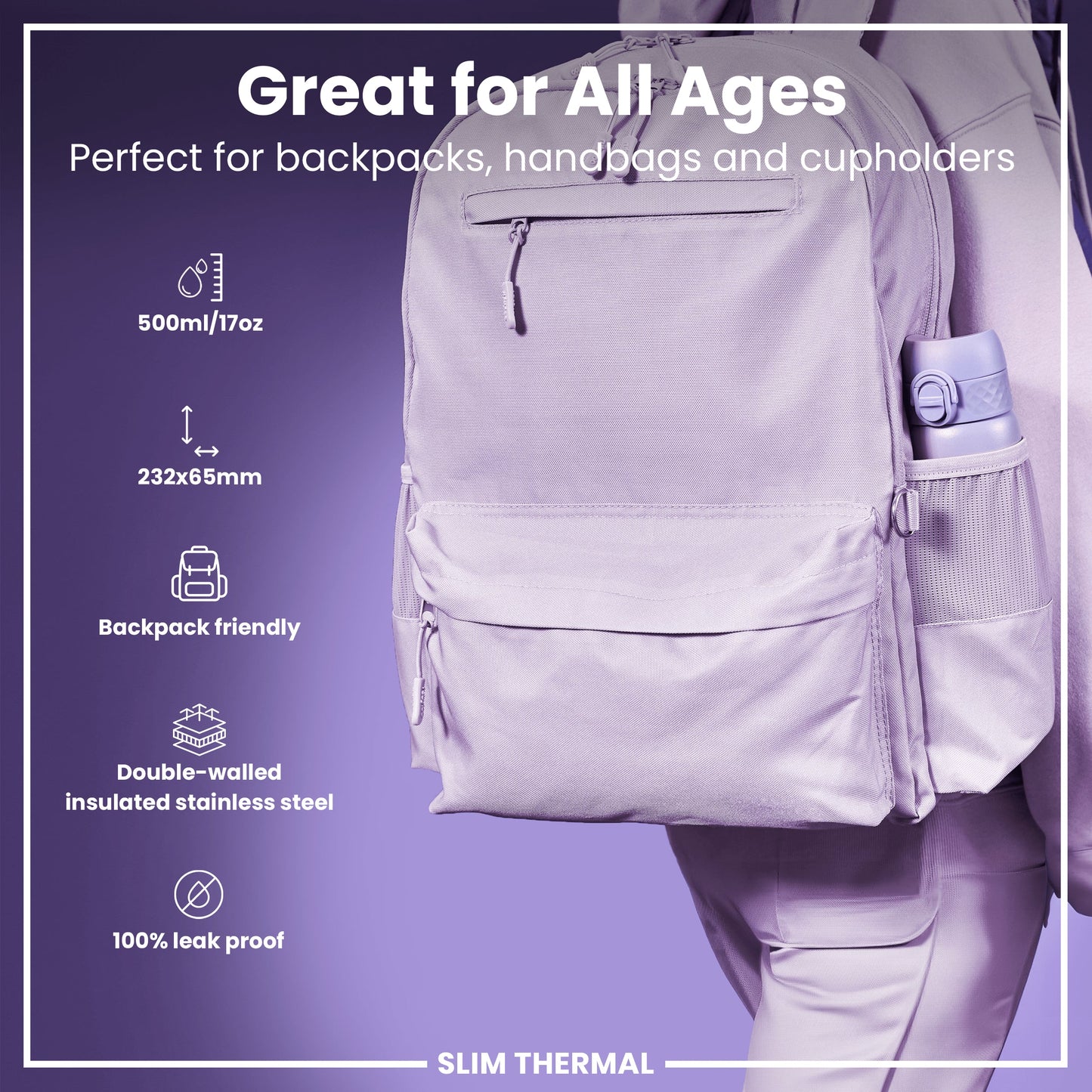 Person wearing a light purple backpack with product features highlighted on a purple background