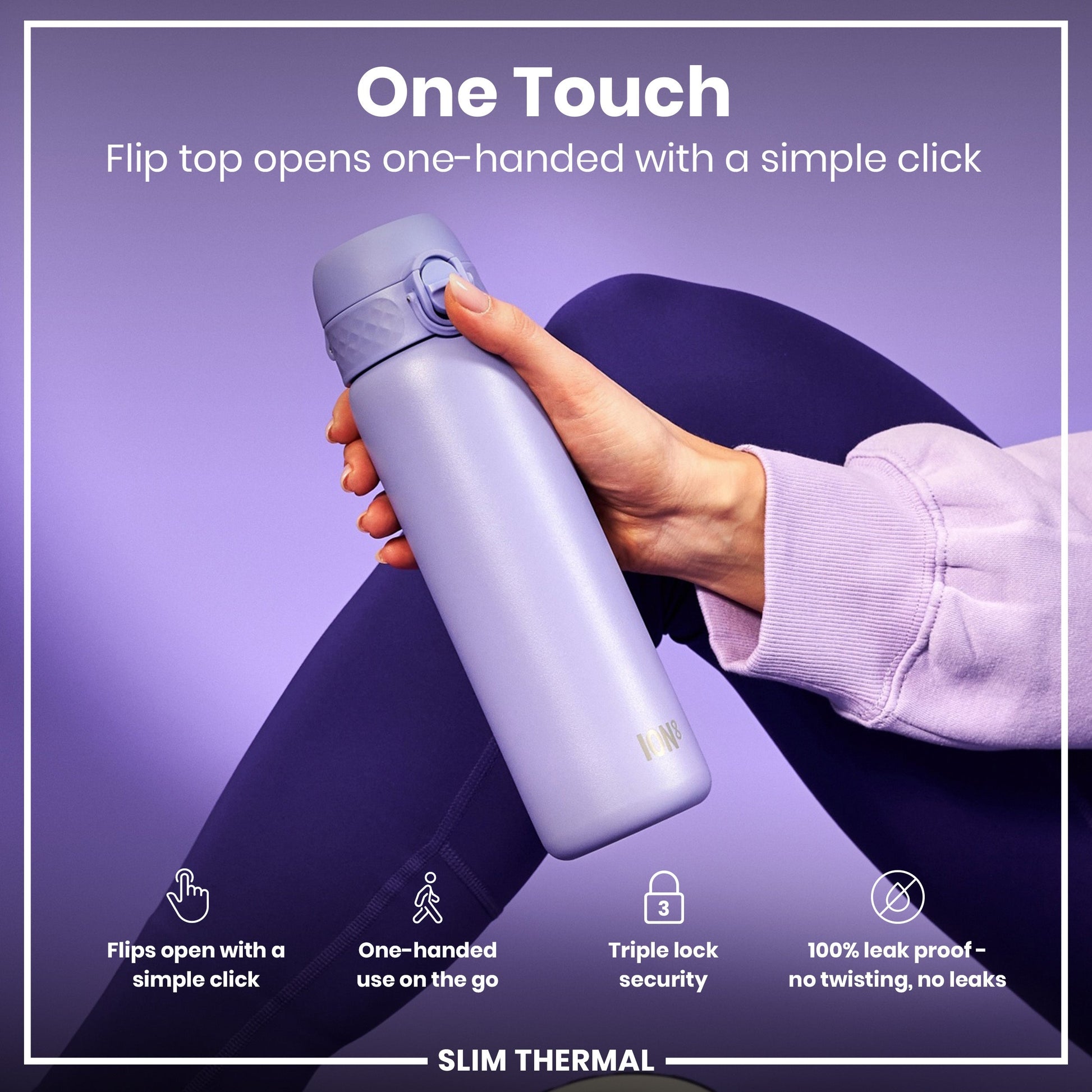 Person holding a purple insulated bottle with text highlighting features on a purple background
