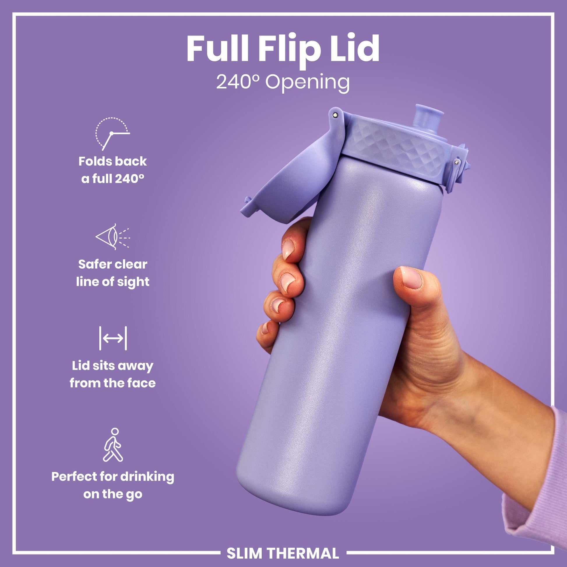 Purple water bottle with a full flip lid held by a hand on a purple background