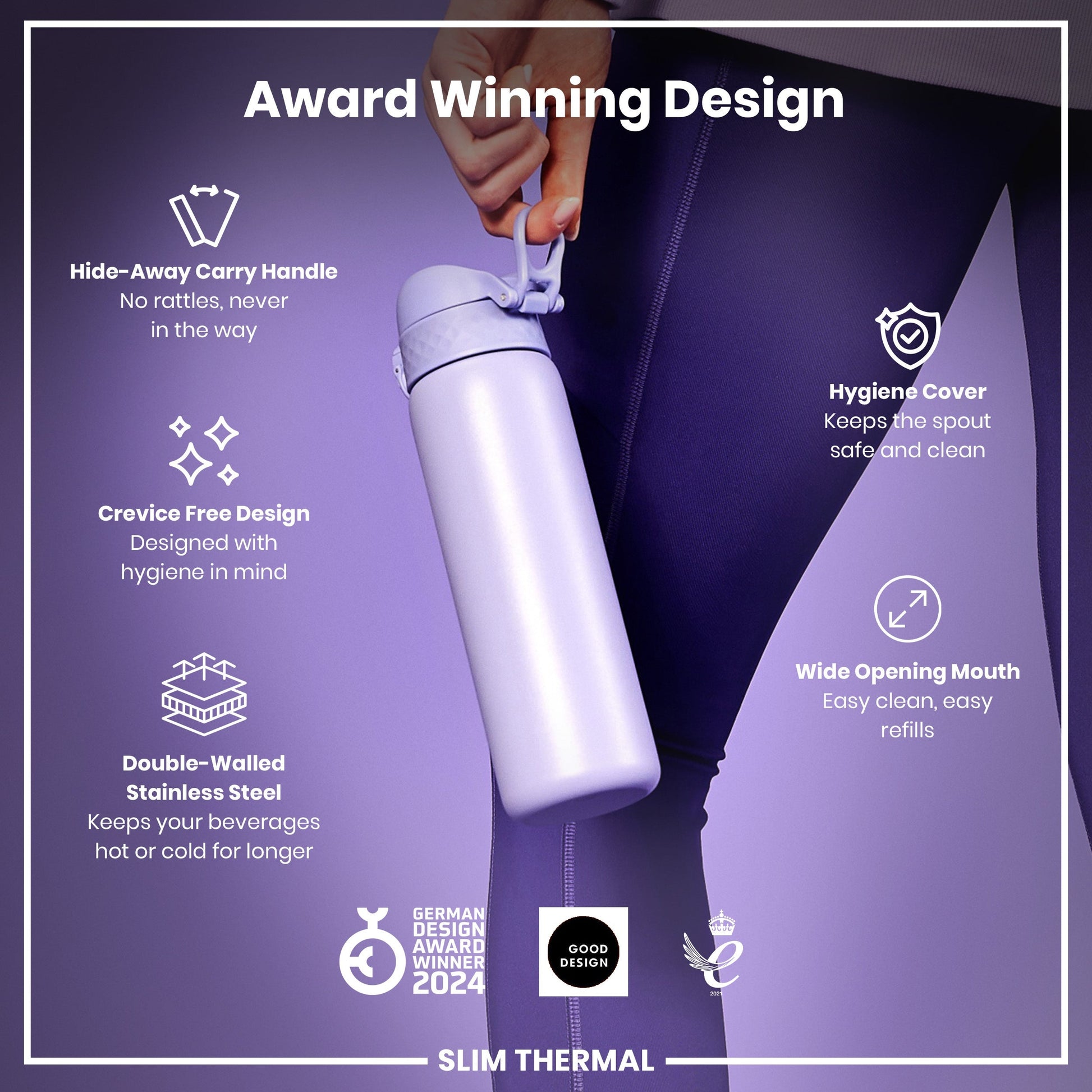 White insulated bottle with features highlighted on a purple background