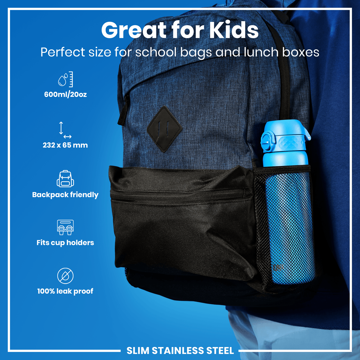Blue backpack with a water bottle in a black pocket on a blue background, featuring text about its suitability for kids.