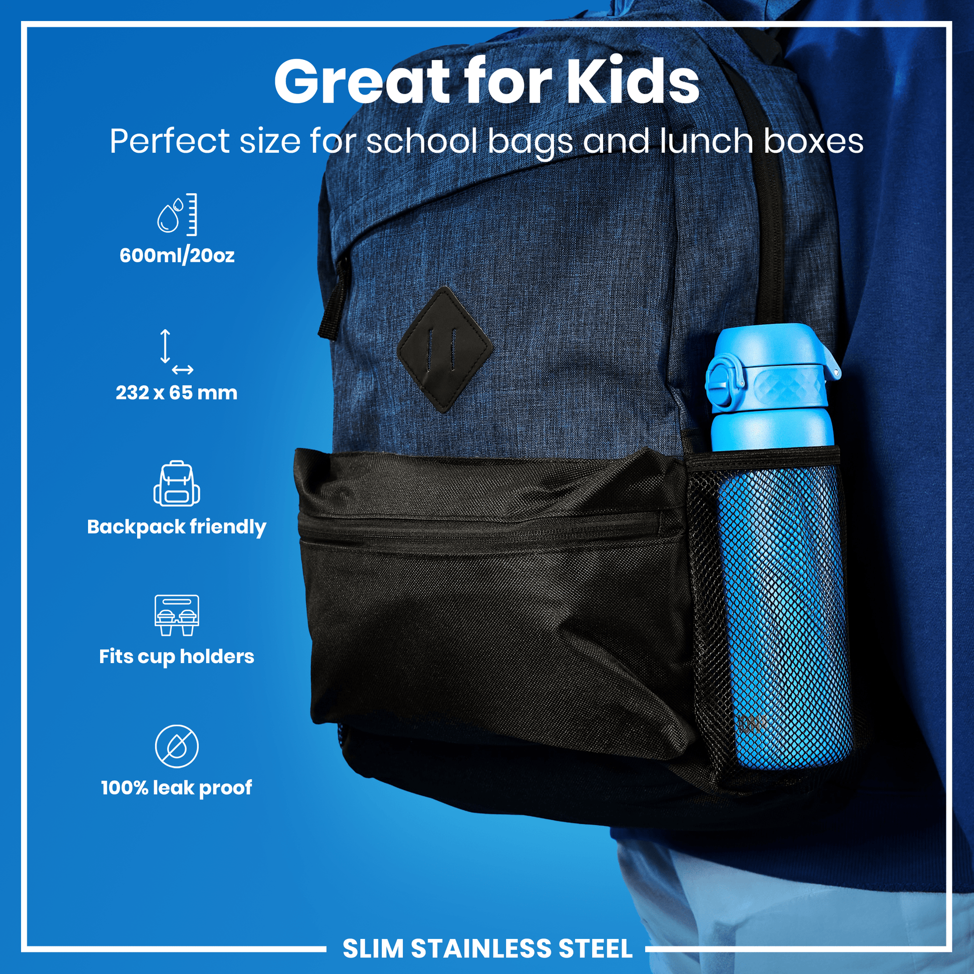 Blue backpack with a water bottle in a black pocket on a blue background, featuring text about its suitability for kids.