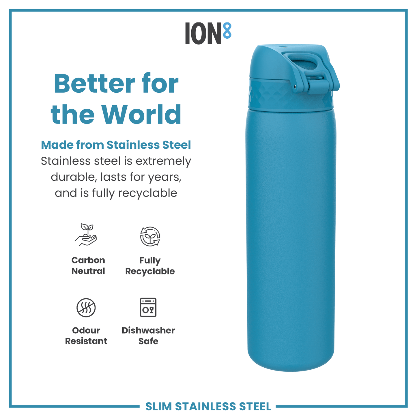 Blue stainless steel water bottle with 'ION8' branding and sustainability features on a white background.
