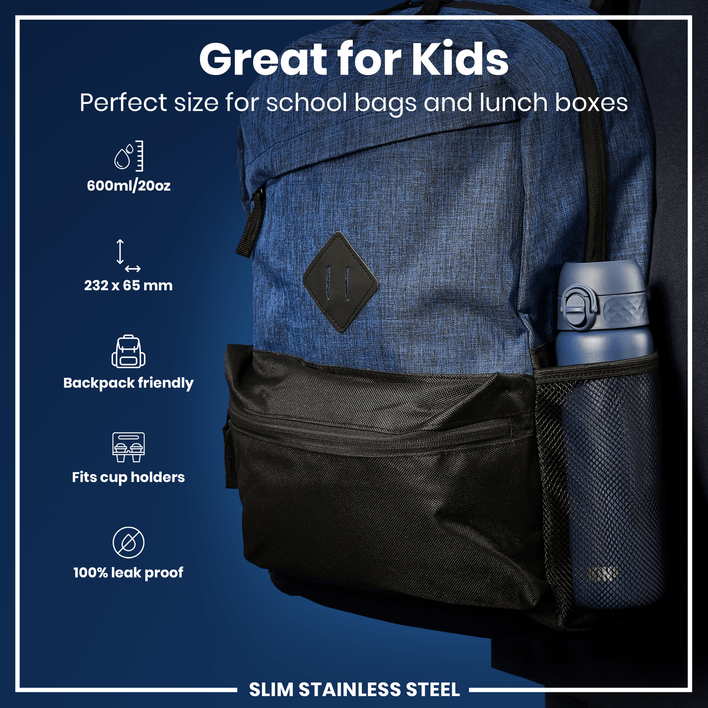 Blue backpack with black interior pocket and water bottle holder on a blue background with product features listed.