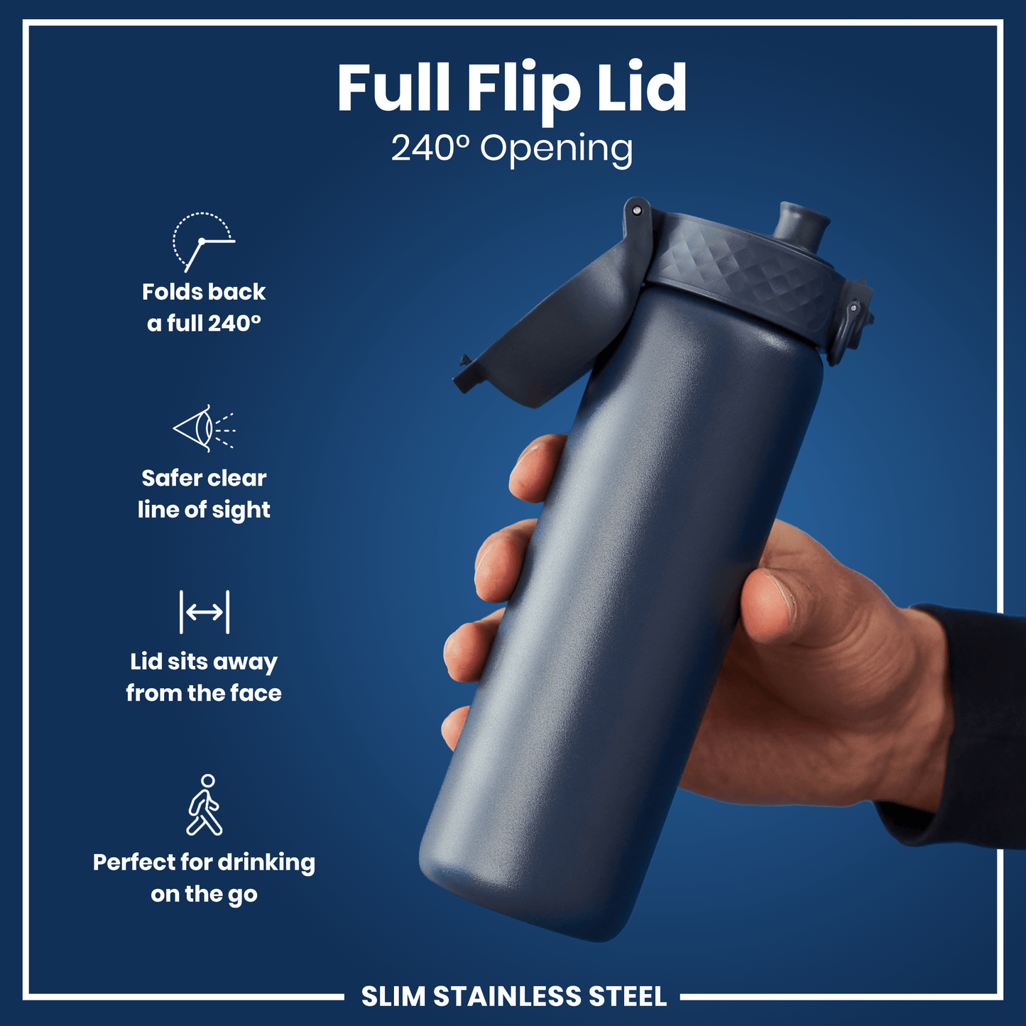 Blue water bottle with a full flip lid held by a hand on a blue background