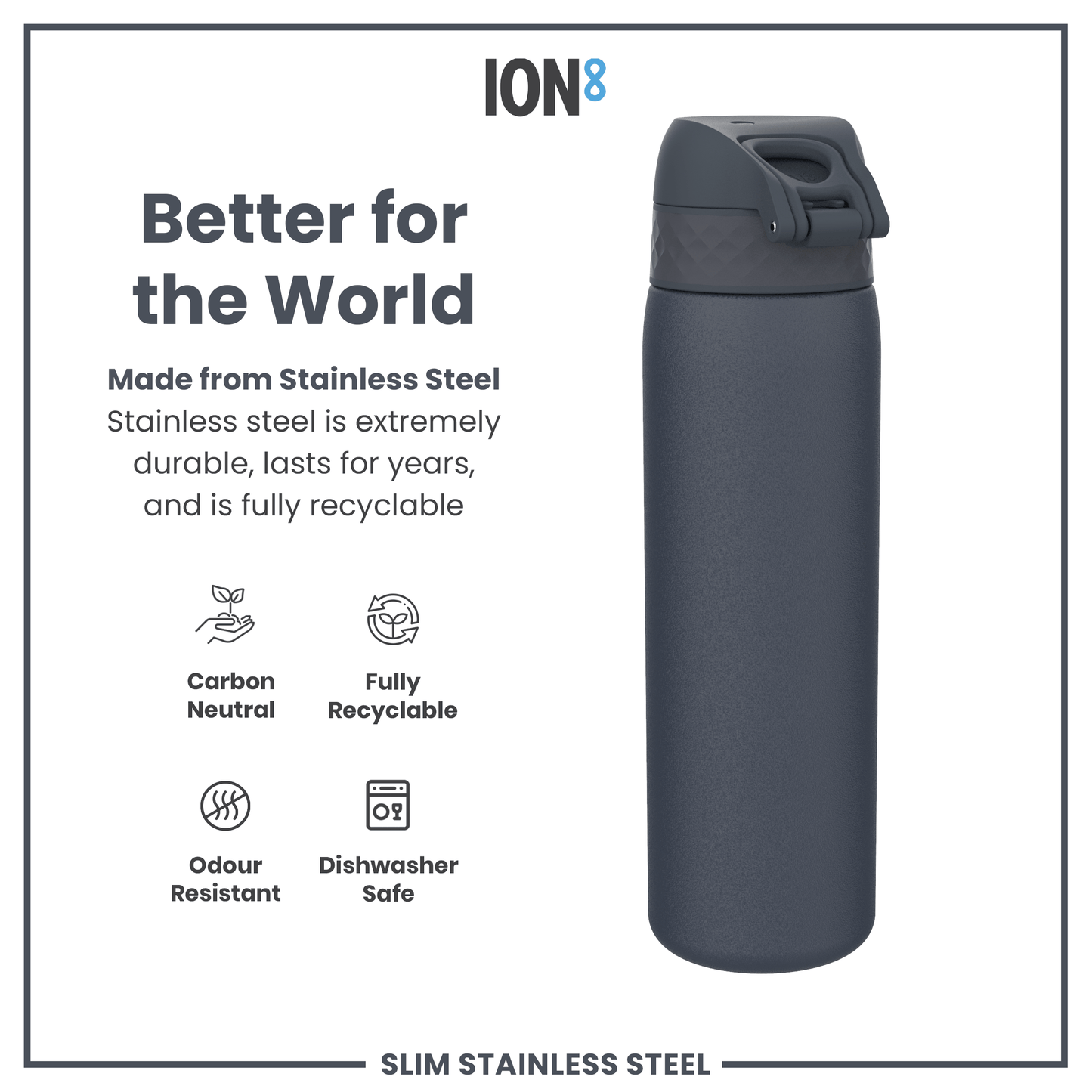 ION8 stainless steel water bottle with features listed on a white background