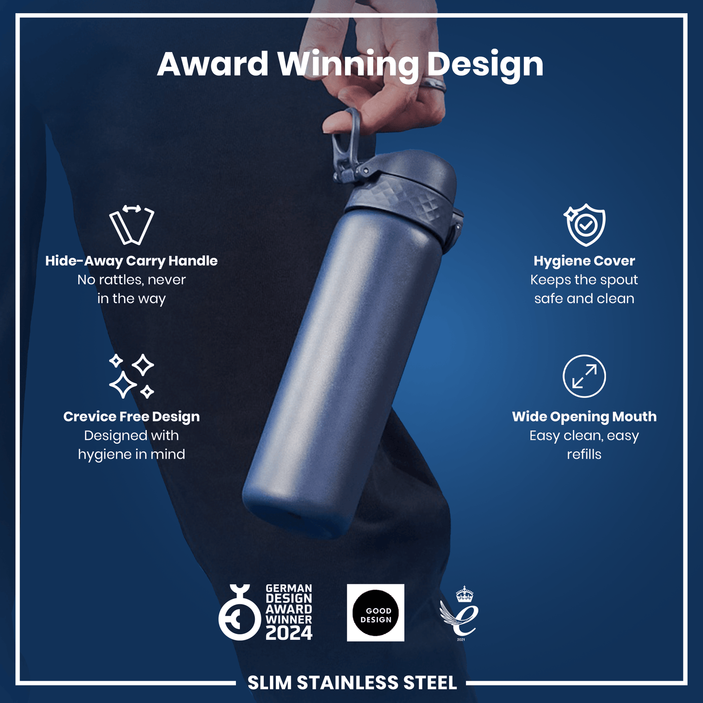 Blue stainless steel water bottle with features highlighted on a blue background