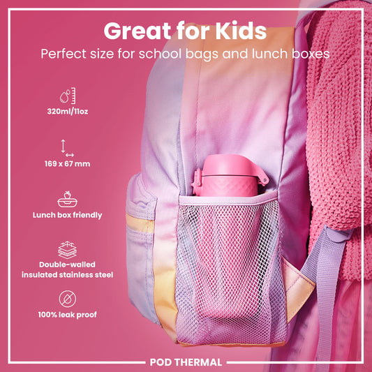 Pink water bottle in a backpack pocket with product features on a pink background