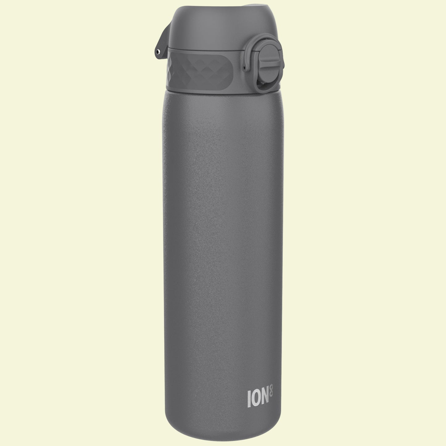Gray water bottle with a flip lid on a white background