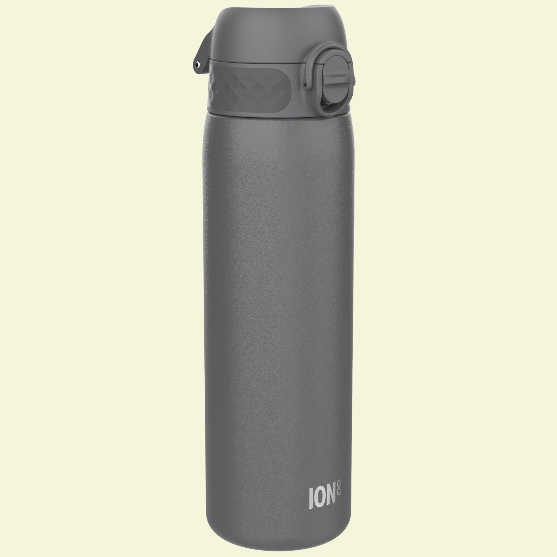 Gray water bottle with a flip lid on a white background