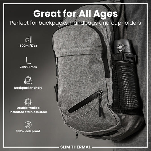 Gray backpack with a water bottle, featuring text about its suitability for various uses and features.