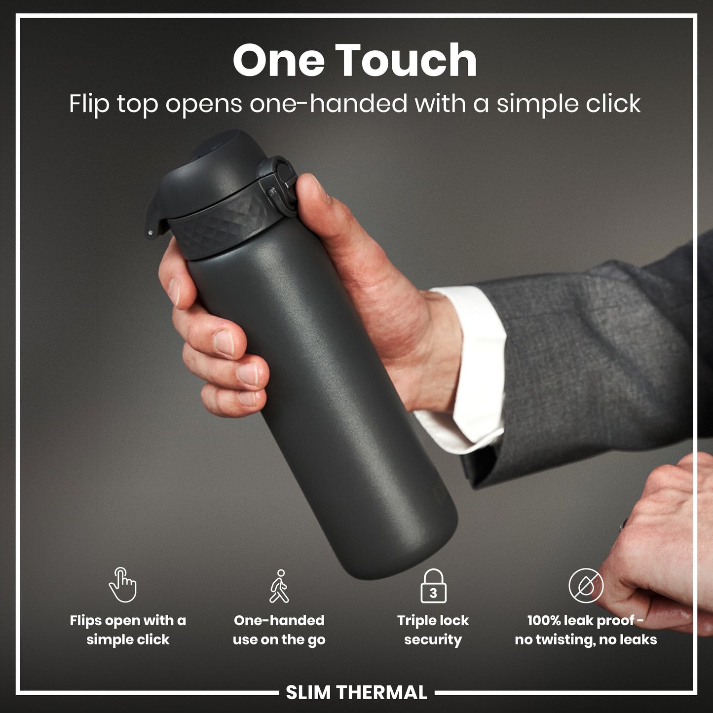 Black thermos bottle with flip top being held, labeled 'One Touch' on a dark background.