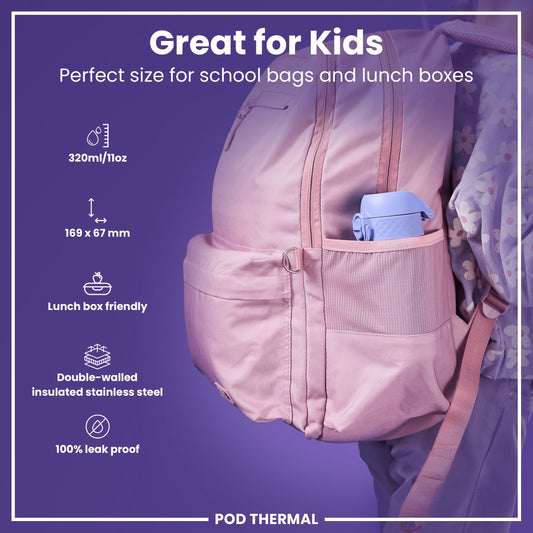 Pink backpack with a water bottle in a pocket on a purple background, featuring text about its suitability for kids and product features.