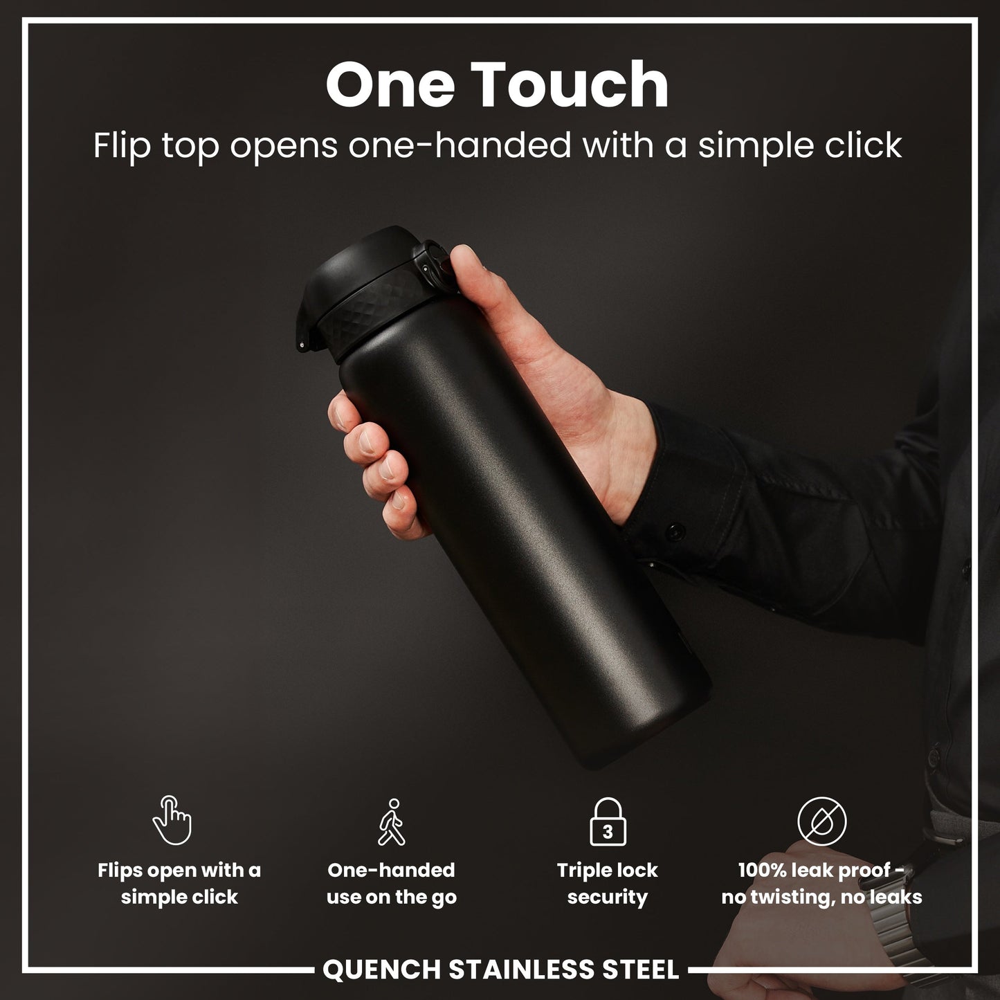 Black stainless steel water bottle held by a hand with product features highlighted on a dark background