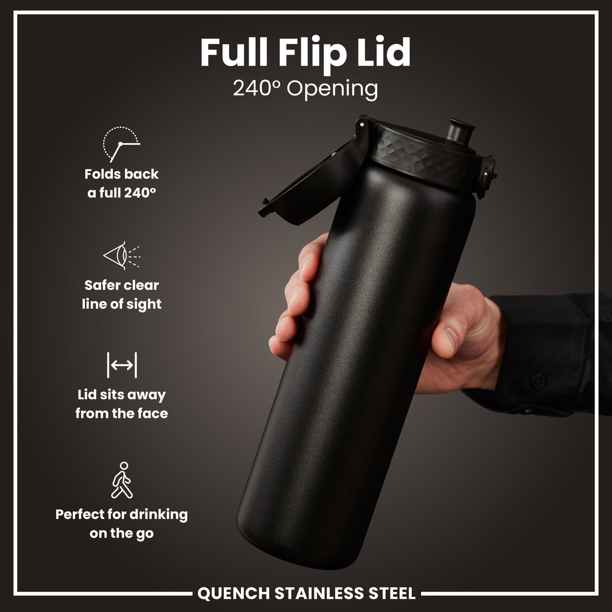 Black stainless steel water bottle with full flip lid feature on a dark background