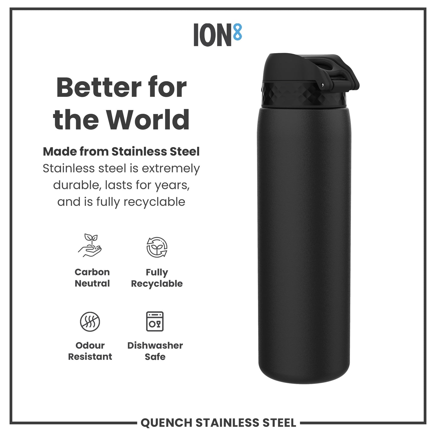 Black stainless steel water bottle with 'ION8' branding and sustainability features listed.