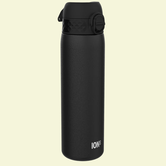 Black water bottle with a flip lid on a white background