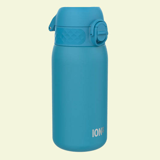 Blue water bottle with 'ION' branding on a white background