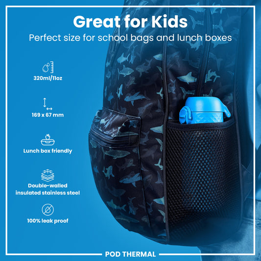 Thermal lunch bag with shark pattern and water bottle, featuring product details on a blue background.