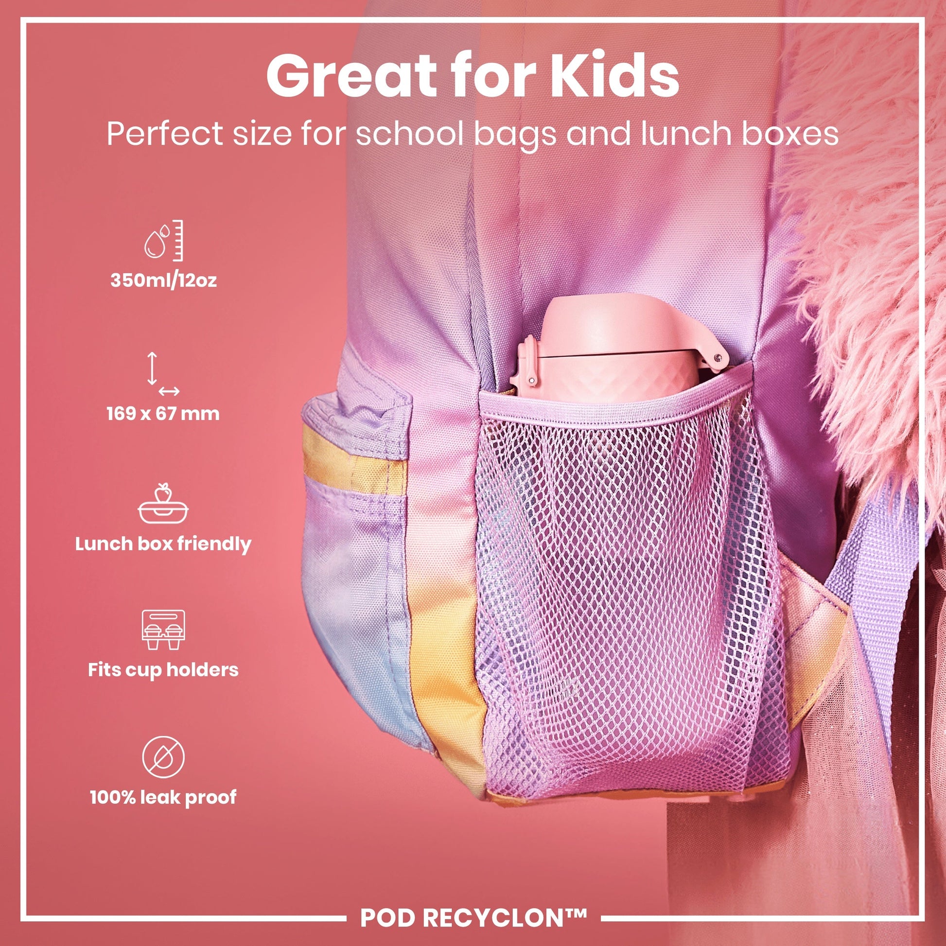 Product with a mesh pocket for a lunch box on a pink background, featuring text about its suitability for kids and features.