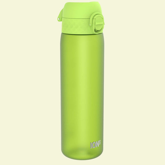 Green water bottle with a cap on a white background