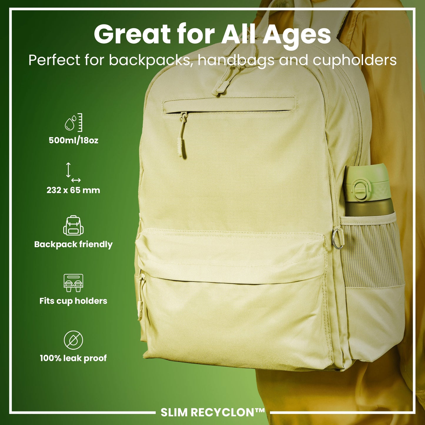 Beige backpack with water bottle holder on a green background, featuring product specifications.